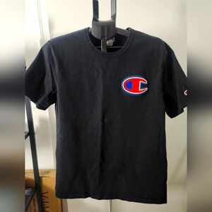Vintage Champion Black Tee with Red and Blue Logo